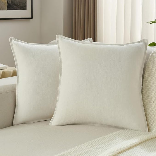 FUTEI Cream White Chenille Throw Pillow Covers 16x16 Inch Set of 2,Edges Double-Stitched Cushion Cases,Modern Home Decor for Couch Living Room