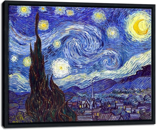 Wieco Art Framed Art Canvas Prints of Starry Night by Vincent Van Gogh Paintings Reproduction Post-Impressionism Artwork Framed Wall Art for Living Room Wall Decor Home Decorations Black