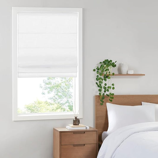 Madison Park Kyler Cordless Roman Shades - Single Panel, Lightweight Linen Blend Fabric, Natural Design, Easy Installation, Light Filtering Window Blind, Bedroom, Living Room Decor 35"W x 64"H White