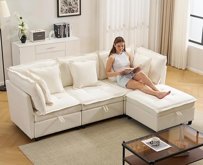 103" Modular Sectional Sofa, L-Shaped Corduroy Comfy Sectional Couches for Living Room, 3-Seater Cloud Couches with 1 Ottoman, Modern Deep Seat Sofa with Large Storage, Beige