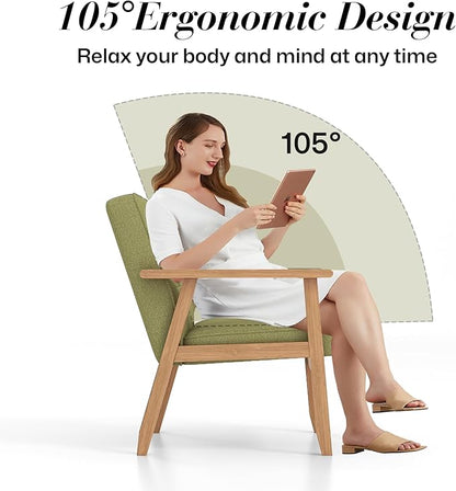 KCC Mid-Century Modern Linen Fabric Accent Chair Set of 2, Upholstered Tufted Leisure Chair Comfy Reading Side Chair with Armrest and Solid Wood Frame for Living Room Bedroom Balcony(Green)