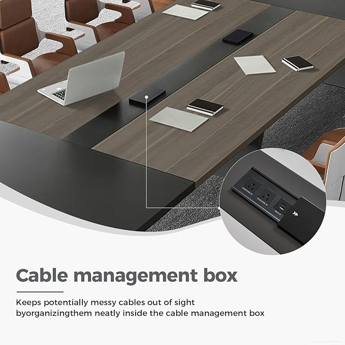 Modern Conference Table with Cable Management, Thickened Top & Trapezoidal Legs – Office Meeting Table for Executive Workspaces (Oak+Gray, 118" L