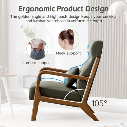 INZOY Mid Century Modern Accent Chair Set of 2, High Back Reading Armchair with Wood Frame, Upholstered Living Room Chairs with Waist Cushion, Single Lounge Arm Chair for Bedroom Sunroom, Green