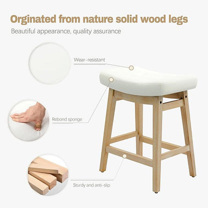 Counter Height Bar Stools Set of 2 for Kitchen Island Modern Barstools with Upholstered Faux Leather Backless Seat and Solid Wood Legs, 24 inch Farmhouse Bar Chairs, White