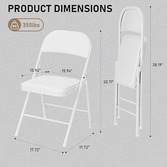 SEALAMB 4 Pack White Folding Chairs with Padded Seats & Cushion, Durable Metal Foldable Chairs for Wedding Party, Commercial Chairs for Office School Church Events, 330lb Capacity (White-PU, 4 Pack)