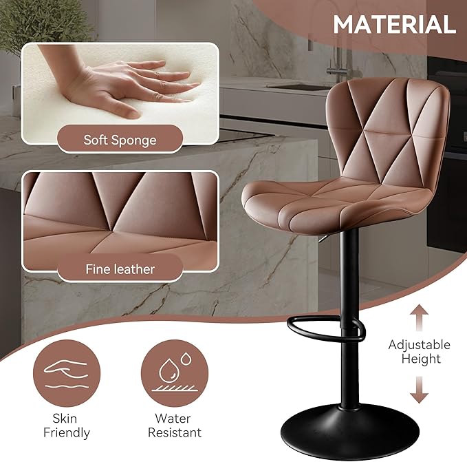Bar Stools Set of 4,Adjustable Swivel Barstools, Faux Leather Bar Chairs,Upholstered Counter Height with High Backrest for Kitchen Island, Brown