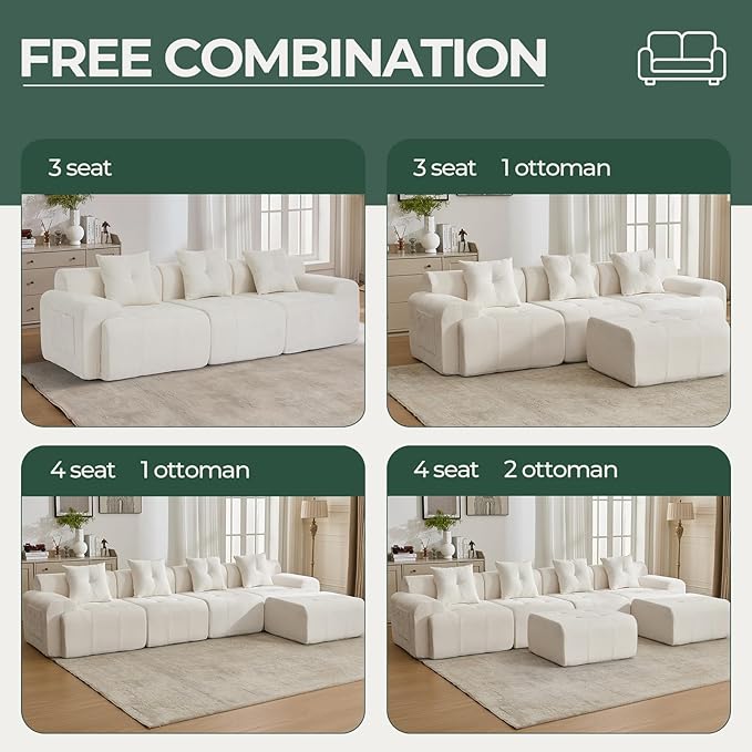 129.23”Modular Sectional Couch for Living Room, Modren L-Shape Cloud Sectional 4-Seater Sofa with Movable Ottoman, Woven Texture Upholstery Boneless Couch, No Assembly, Beige