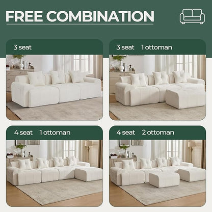 129.23”Modular Sectional Couch for Living Room, Modren L-Shape Cloud Sectional 4-Seater Sofa with Movable Ottoman, Woven Texture Upholstery Boneless Couch, No Assembly, Beige
