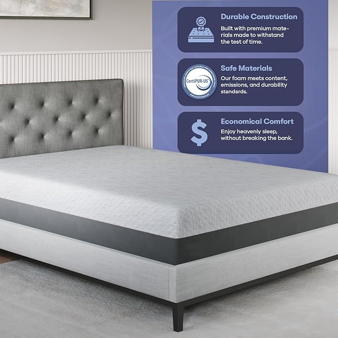 Celestial Sleep Gel Memory Foam Mattress in a Box, Made in The USA, CertiPUR-US® Certified Foam, Oeko-Tex, and Fiberglass-Free Certified Bed, 12 inch Soft - Queen