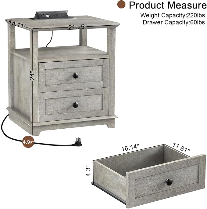 HIFYOBRO Large End Table Set of 2, 2 Drawers and Hidden Charging Station, Type-C & USB Port & Power outlets, Wooden End Table, Side Table with Storage for Living Room and Bedroom