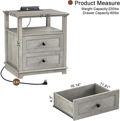 HIFYOBRO Large End Table Set of 2, 2 Drawers and Hidden Charging Station, Type-C & USB Port & Power outlets, Wooden End Table, Side Table with Storage for Living Room and Bedroom