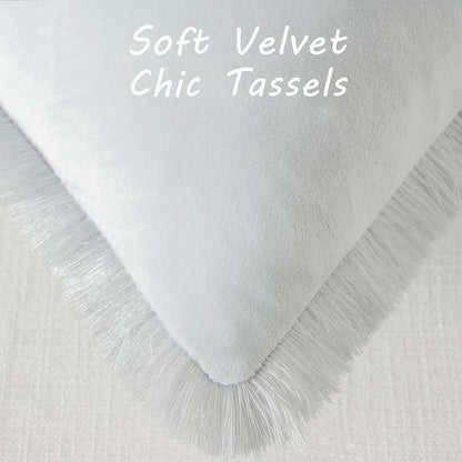 FUTEI Light Blue Velvet Decorative Throw Pillow Covers 18x18 Set of 2,Soft Cozy Edge with Tassels Cushion Case,Boho Modern Home Decor for Couch Bed Living Room