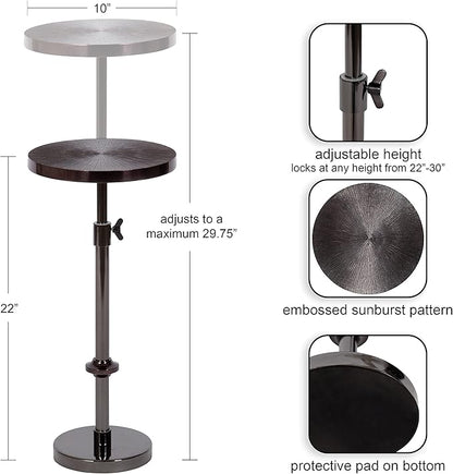 Kate and Laurel Engles Transitional Adjustable-Height Pedestal Drink Table; 10 x 10 x 30; Gray Gunmetal; Vintage Round Indoor Metal Plant Stand with Embossed Sunburst Pattern