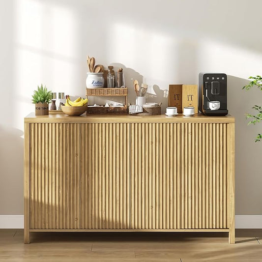 YOUDENOVA Fluted Buffet Cabinet with Storage, Modern Sideboard Cabinets with 4 Doors & Adjustable Shelves, Accent 56” Credenza Storage Cabinet, Wood Entryway Cabinet for Living Room Hallway, Natural