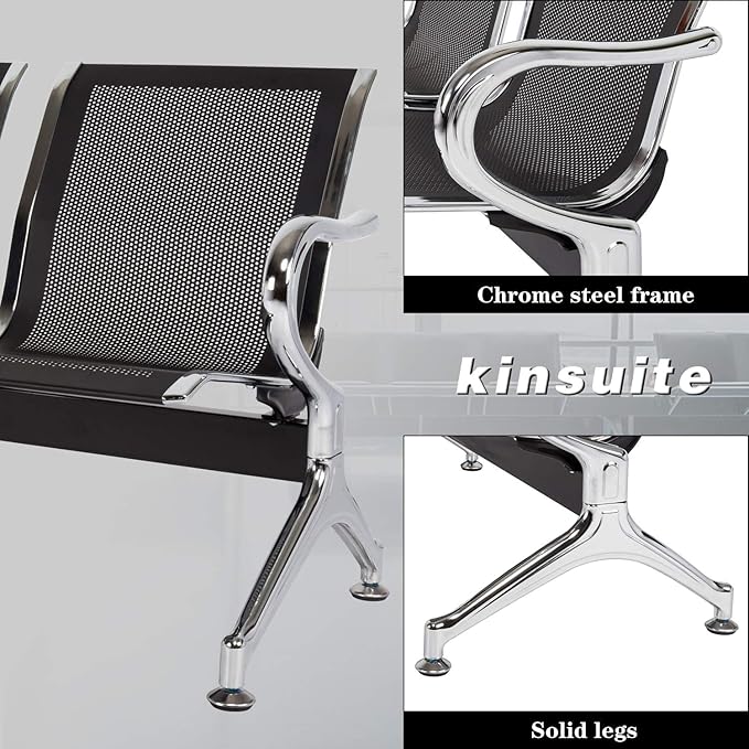 Kinsuite Reception Room Chair - 2pcs 2-Seat Guest Bench with Arms, Metal Waiting Room Chairs Reception Seat for Office Bank, Hospital, Airport, Black
