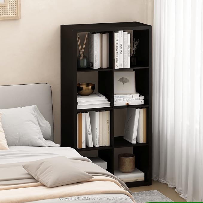 Furinno CUBICLE Book Shelf, 8-Cube Thick Frame Bookshelf, Horizontally & Vertically Reversible Bookcase with Open Back, 14.6 x 30 x 57.9, for Living Room, Bedroom, Home Office, Black Dark Oak