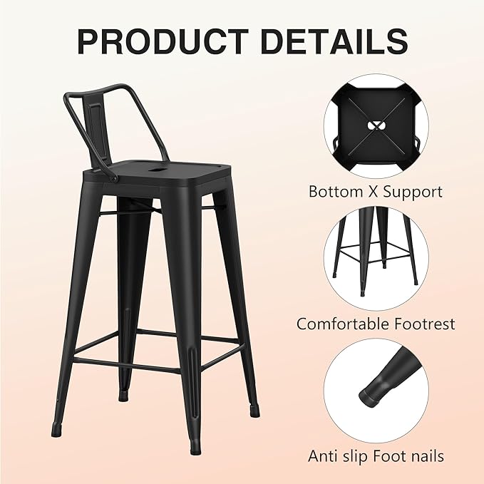 HAOBO Home Metal Bar Stools Set of 2 Low Back Counter Height Barstools 30" Industrial Barstool Patio Stool Metal Kitchen Stools Bar Chairs for Indoor Outdoor