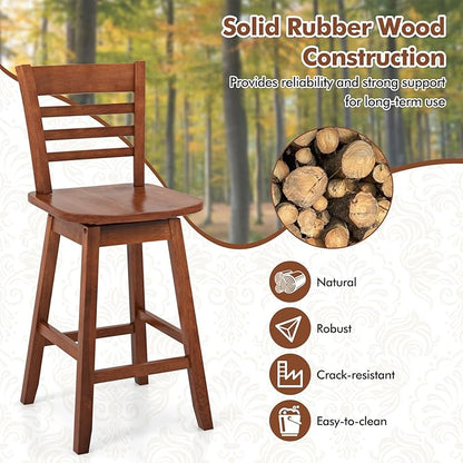COSTWAY Bar Stools Set of 4, 24.5 Inch Swivel Counter Height Bar Chairs with Hollow Backrest & Contoured Seat, with Footrest for Kitchen Island, Pub, Bistro, Cafe (4, Walnut)