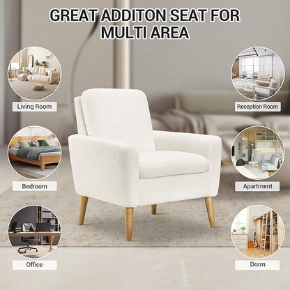 Lohoms Sherpa Accent Chair, Modern White Teddy Fabric Upholstered Comfortable Armchair, Comfy Reading Leisure Chairs for Bedroom, Living Room, Home Office, Small Sofa Chair with Wood Legs