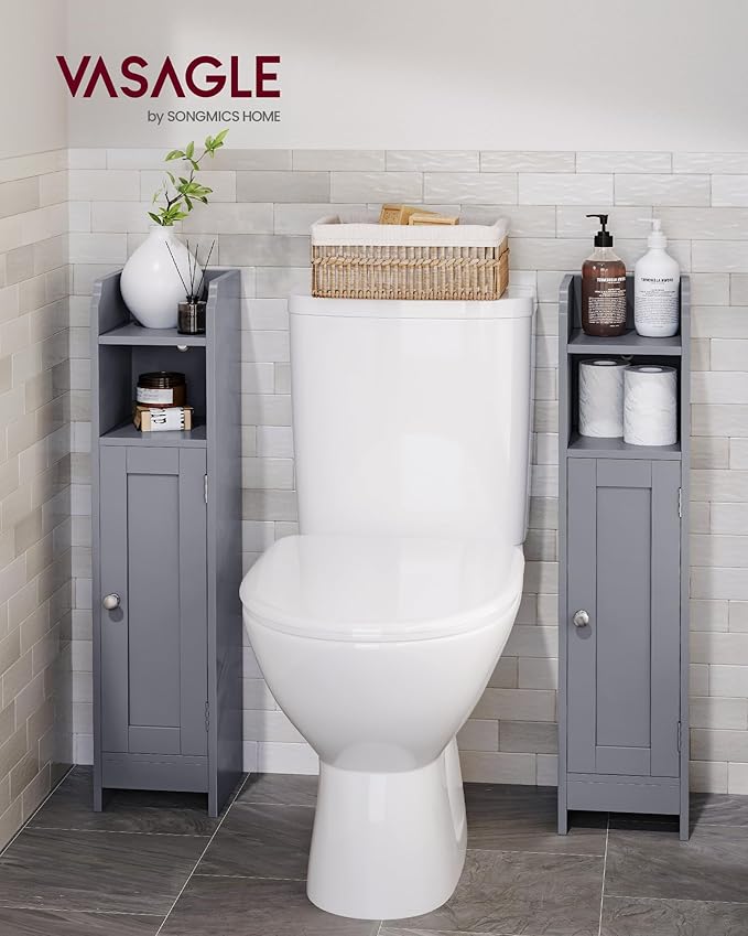 VASAGLE Small Storage Corner Floor Cabinet with Door, 7.9 x 7.1 x 31.5 Inches, Narrow Toilet Paper Storage Holder, Adjustable Shelves, for Bathroom, Living Room, Small Spaces, Dove Gray UBBC310P36