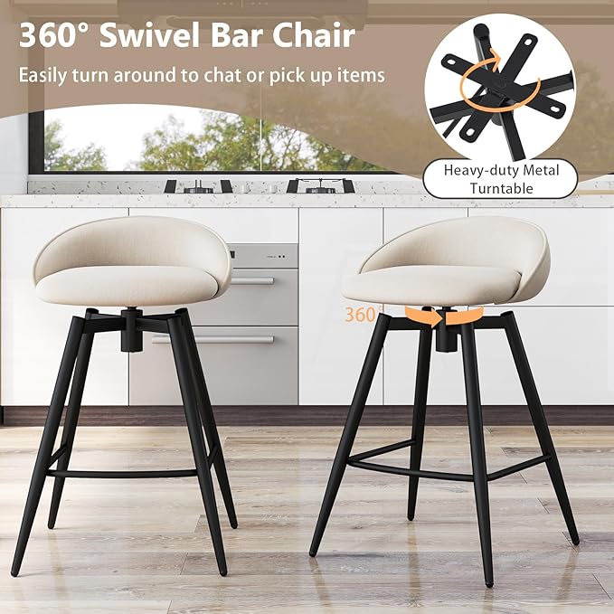 COSTWAY Bar Stools Set of 2, 25" Upholstered Counter Height 360° Swivel Bar Stools w/Backrest & Footrest, Heavy-Duty Metal Frame Armless Breakfast Chairs for Kitchen, Living Room (Set of 2,Beige)