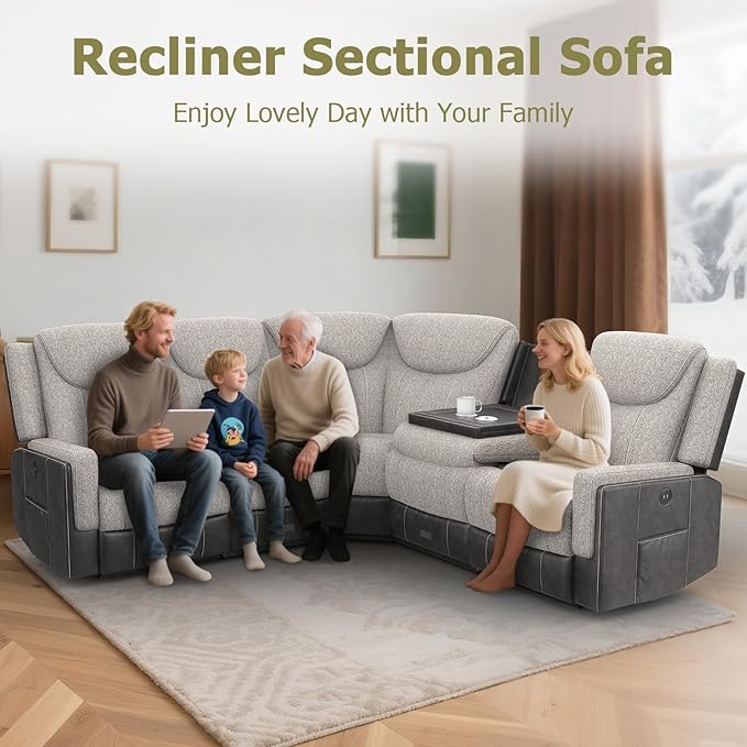 Manual Recliner Sectional Sofa for Living Room, Corner Couch with Flip Middle Backrest, USB Ports & Cup Holders, Grey Linen & Chocolate Leather, 5 Seater Sectional Couch