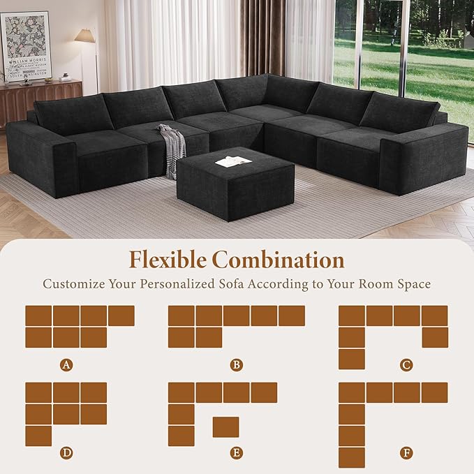 Vesgantti 143.7" Oversized Boneless Sectional Couch, Modern 6 Seater Modular Sofa with Ottoman & Deep Seat, Convertible Chenille Cloud Couches for Living Room, No Assembly Required, Black