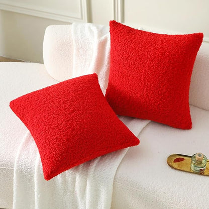 FUTEI Christmas Red Throw Pillow Covers 16x16 Inch Set of 2,Furry Faux Fur Teddy Boucle Textured Cushion Covers,Soft Fluffy Decorative Pillow Case,Home Decor for Couch Bed Living Room Office Car