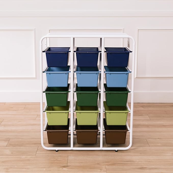 ECR4Kids 5-Tier Storage Rack with 15 Cubby Bins 5x3, Multipurpose Organization, Earthtone