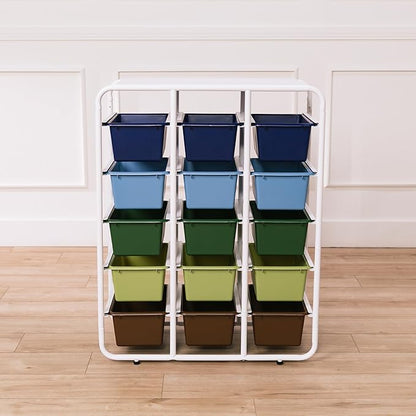 ECR4Kids 5-Tier Storage Rack with 15 Cubby Bins 5x3, Multipurpose Organization, Earthtone