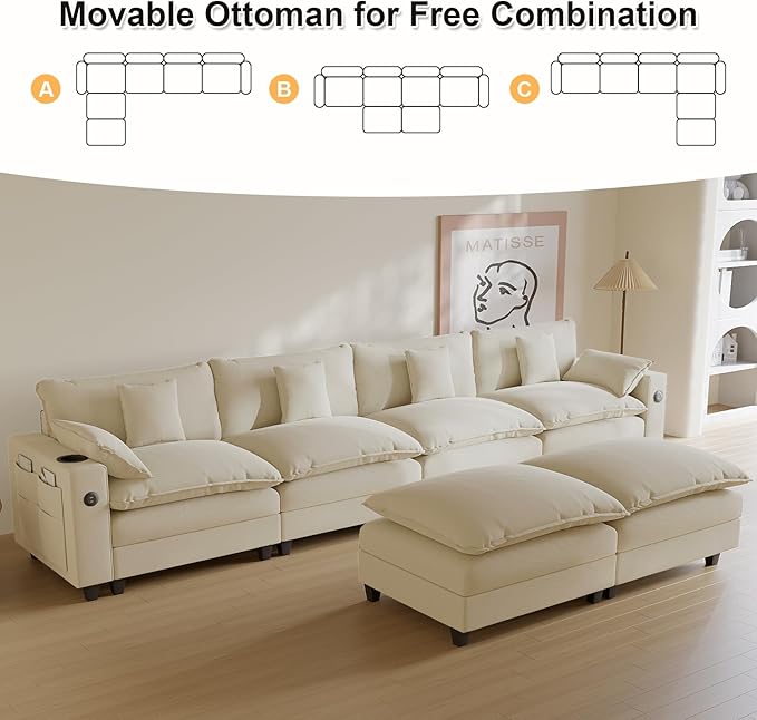Cloud Couch, Modular Sectional Sofa with Ottoman, Charging Station, Throw Pillows, Cup Holders, Modern Convertible L Shaped Couches for Living Room, Bedroom (White, 152"- U Shape)