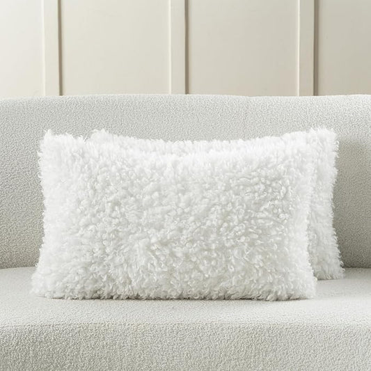 FUTEI Cream White Decorative Throw Pillow Covers 12x20 Inch Set of 2,Soft Fluffy Faux Wool Fur Boucle Textured Lumbar Pillow Case,Modern Home Decor for Couch Bed Living Room Office