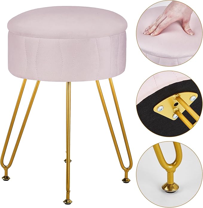 VECELO Vanity Stool with Storage, Velvet Chair for Vanity, Strong Metal Legs, Anti-Slip Feet, Padded Seat for Make Up, Bedroom, Living Room, Entryway, Pink