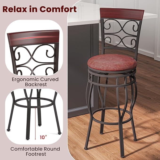 Giantex 30" Swivel Bar Stools Set of 2, Bar Height Bar Stools w/Back, Upholstered PU Leather Seat, Footrest, Max Load 330Lbs, Vintage Metal Barstools for Kitchen Island, Dining Room, Rustic Brown