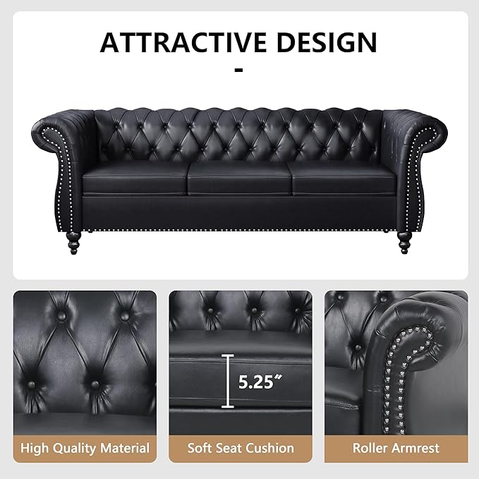 Home Sofa Living Room Furniture, 3 Seater Leather Upholstered Sofa Couch, Modern Comfy Couch with Faux Leather Cushions, Mid Century Tufted Chesterfield Sofas for Bedroom, Office, Apartment (Black)