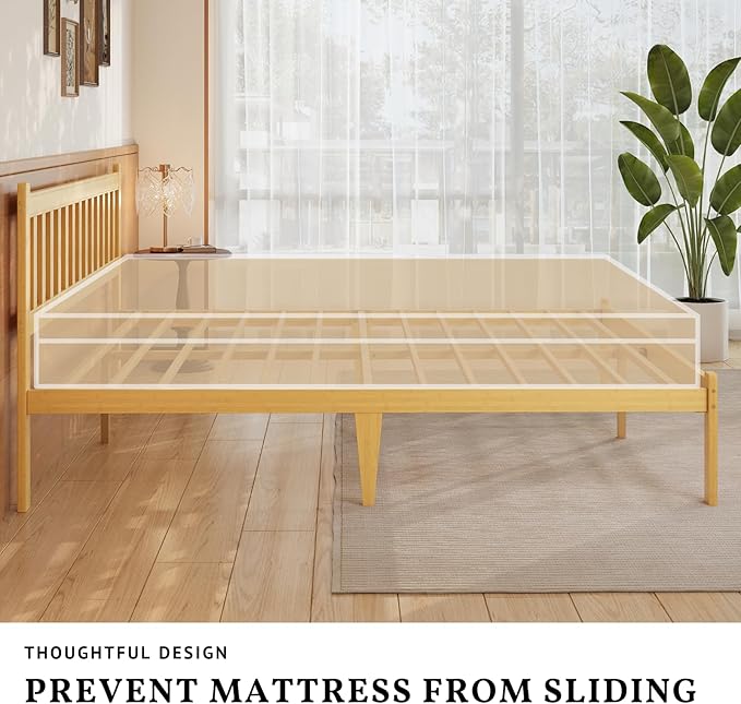 Askeld Wood Queen Bed Frame with Headboard, 14 Inch High Solid Bamboo Platform Bed No Box Spring Needed, Mid-Century Heavy Duty Bedframe, Easy Assembly, Noise Free