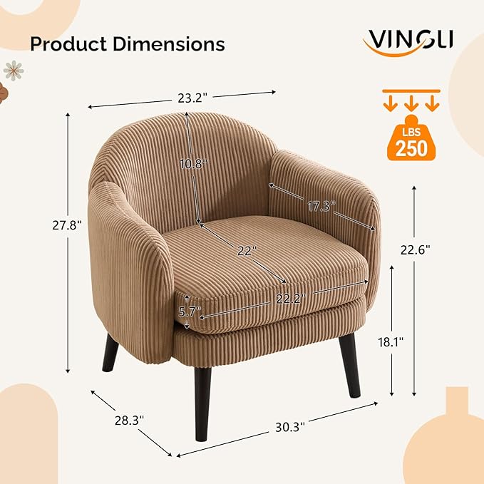 VINGLI 30.3" Wide Modern Barrel Accent Armchairs Set of 2 with Track Armrest, Solid Wooden Legs, Comfy Upholstered Club Chairs, Single Home Sofa for Living Room, Bedroom, Reading Room, Corduroy Khaki