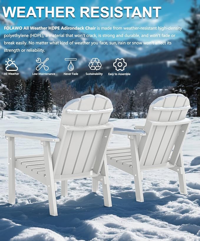 Adirondack Chair Set of 4, All Weather HDPE Fire Pit Chairs, Oversized Plastic Adirondack Chair for Outdoor, Balcony, Deck, Backyard, Patio, Garden, Poolside, Lawn White
