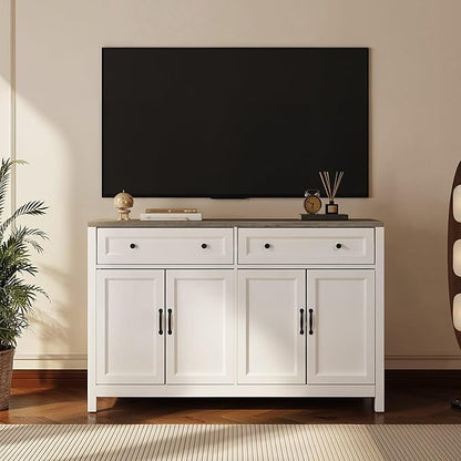 Gizoon Farmhouse Kitchen Sideboard Buffet Cabinet with Storage, Wood Coffee Bar and Storage Sideboard with Drawers and Doors for Kitchen, Dining Room, 15.7" D x 55.1" W x 35.3" H, White/Grey