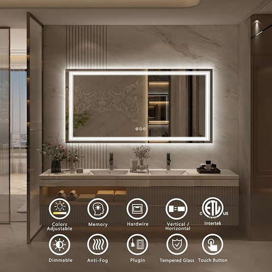 60x28 LED Lighted Mirror for Bathroom Wall, Large Vanity Mirror with Lights, Dimmable, Shatterpoof, Anti-Fog (Backlit and Front Lighted)
