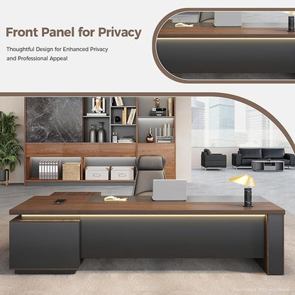 L-Shaped Executive Desk with LED Lights, Lockable Storage & 3-in-1 Charging Station, Reversible Cabinet, Modern Wood Office Desk for CEO, Manager & Home Office(Black Walnut+Khaki, 95"L*71"W*30"H)