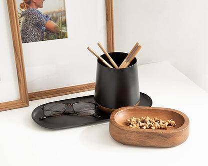 Kate and Laurel Koni Modern Three-Piece Tabletop Organization Set, 12 x 6 x 5, Walnut Brown and Black, Wood and Metal Organizational Set for Home Office or Entryway Decor