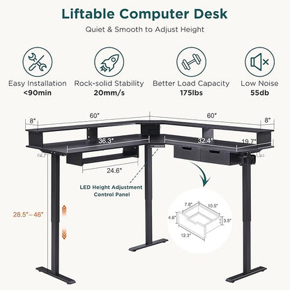 RedLemon 60 Inches L Shaped Electric Standing Desk, Height Adjustable Corner Gaming Desk with Drawers, Power Outlets & LED Lights, Computer Desk with Monitor Shelf, Carbon Fiber Black