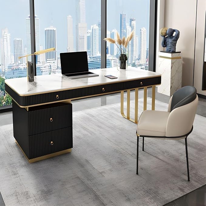 RUNNUP Stone top Computer Desk with 5 Drawers, Rectangular Home Computer Desk Writing Desk, Modern Executive Desk, Without Chairs, Khaki, 47.5" L x 23.5" W x 29.5" H