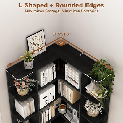 74" Tall Corner Bookshelf with 2 Arched Rattan Doors, 6-Tire L Shaped Bookcase with 16 Open Storage Shelves, Boho Large Corner Shelf with Cabinet for Living Room, Home Office