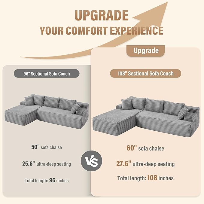 Hobestluk Modular Sectional Couch Sofa, 108" Boneless Couches for Living Room, Memory Foam Sectional Couch with Oversized Chaise,L-Shape Couches (Grey, Left Facing)