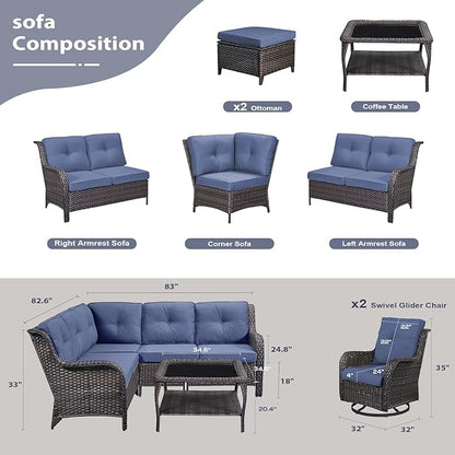 HUMMUH 8 Piece Patio Furniture PE Wikcer Outdoor Furniture Set with Sectional Sofa Swivel Patio Chairs Ottomans and Glass Coffee Table for Yard,Garden,Lawn