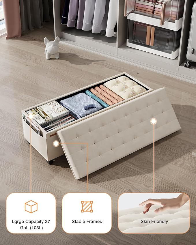 Velvet Storage Ottoman Bench, End of Bed Bench with Legs, Large Entryway Bench, Foot Rest Stool, Tea Table for Bedroom, Living Room, Loads 770 lb, 15.7"L x 43"W x 15.7"H, Cream White, UASND62W