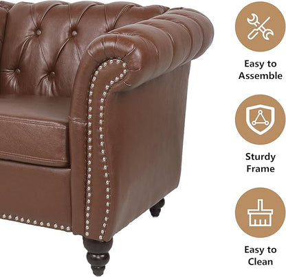 2 Piece Living Room Sofa Set, 3 Seater Faux Leather Sofa Couch and Chair Set, Mid Century Modern Upholstered Couch with Cushions, Vintage Comfy Tufted Chesterfield Couches for Bedroom, Office (Brown)