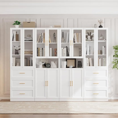 VOWNER Bookcase with Glass Doors & Drawers, 5 Tier Bookshelf with Adjustable Shelf, Modern Large Storage Display Cabinet Set for Home Office, Living Room, White (BDDB)